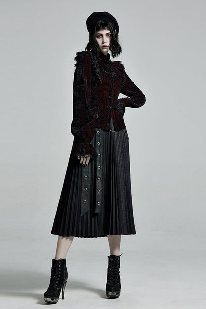 Crimson & Obsidian Stand Collar Floral Embroidery Lace Gothic Blouse