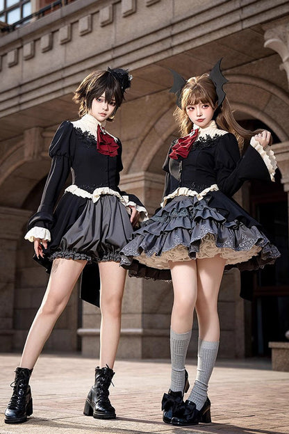 Gothic Princess Lolita Top and Skirt Set with Multi-Layered Ruffle in Black