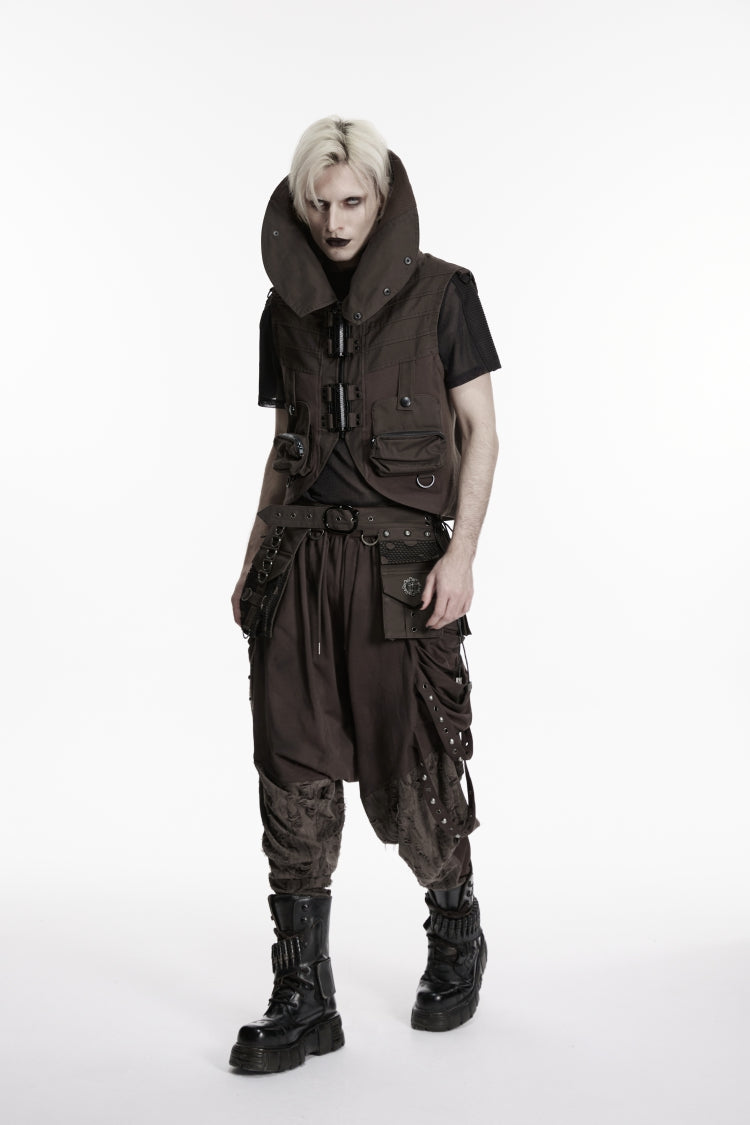 Men's Black Punk Vest, Convertible Collar with Patch Pockets