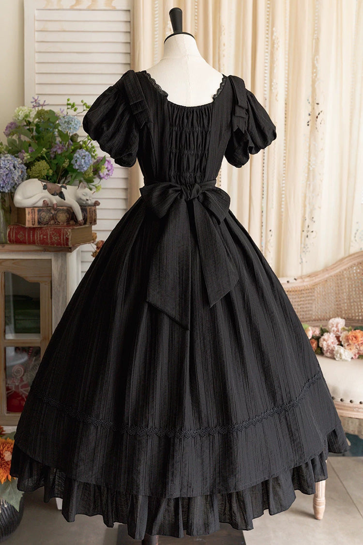 Ebony Square-Collar Short-Sleeve Bow Vintage Gown - Forest Gallery