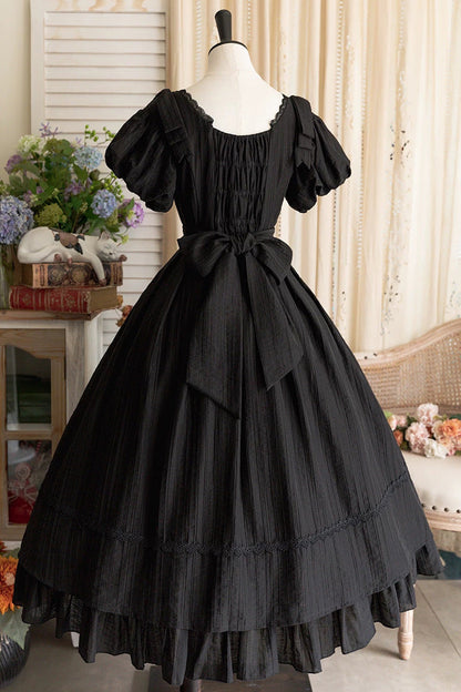 Ebony Square-Collar Short-Sleeve Bow Vintage Gown - Forest Gallery