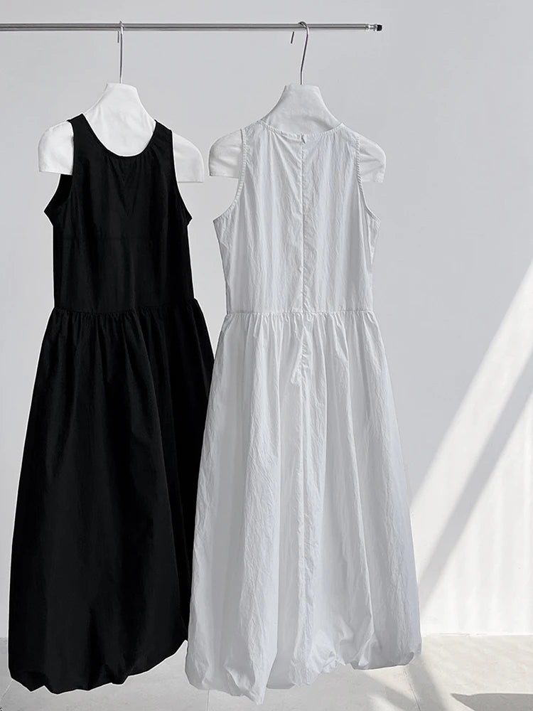 Patchwork O-neck Dress Simple Sleeveless Blue Puff Hem