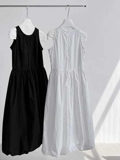 Patchwork O-neck Dress Simple Sleeveless Blue Puff Hem