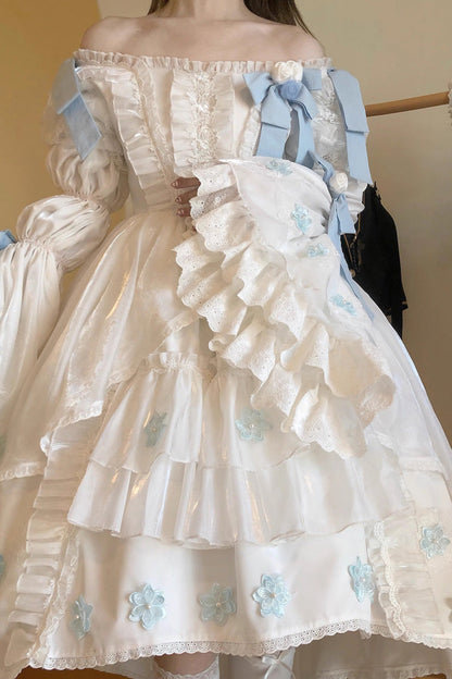 Ivory Boatneck Multi-Layer Ruffle Hanayome Bow Princess Lolita Strapless Dress