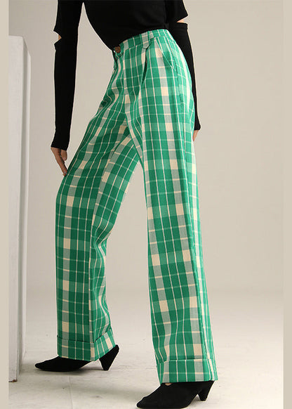 Bohemian Green Plaid high waist straight pants Spring TT1019