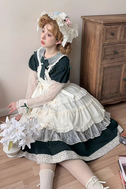 Emerald Misty Path Bow-Embroidered Long-Sleeve Lolita Gown