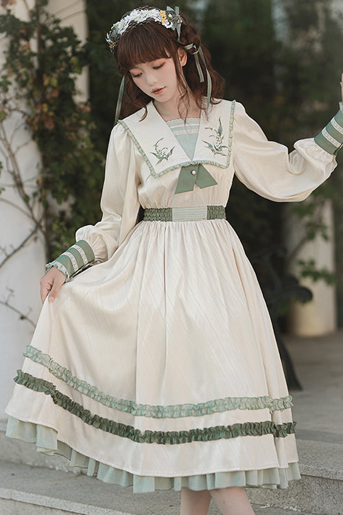Long Sweet Lolita OP Dress with Embroidered Large Lapel Collar & High Waist, Cream