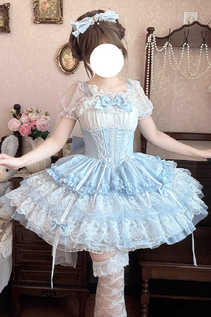 Azure Dance of Time Sleeveless Triple Ruffled Bow Lace-Up Sweet Ballet Lolita Jumper Dress