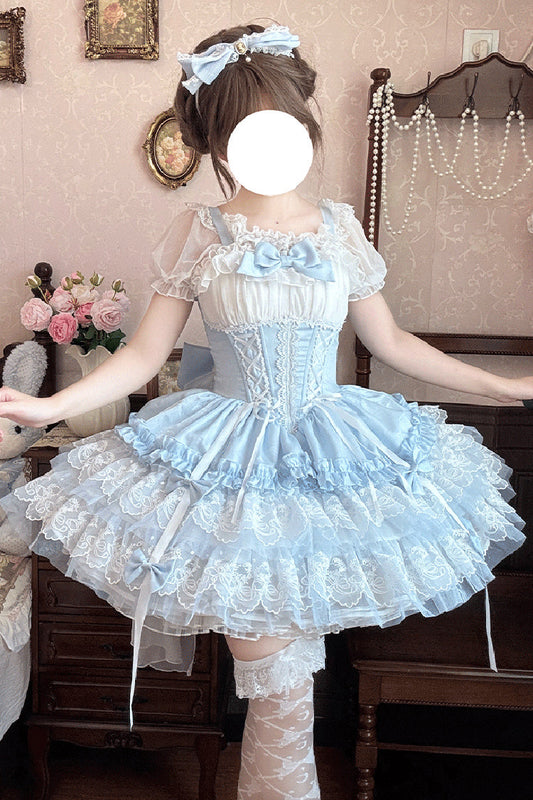 Azure Dance of Time Sleeveless Triple Ruffled Bow Lace-Up Sweet Ballet Lolita Jumper Dress