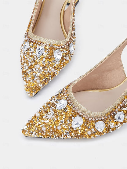 Rhinestone Gold Women's Pearl Slingback with Heels