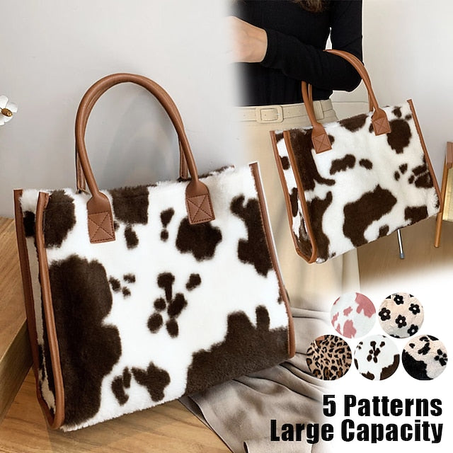 Tote Bag with Leather Faux Leopard Print Brown Women's Fur