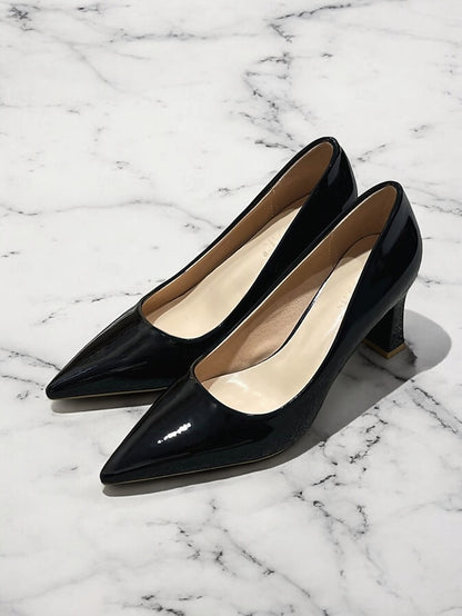 Heel Green Leather Faux Glossy Patent Pumps Pointed-Toe Block