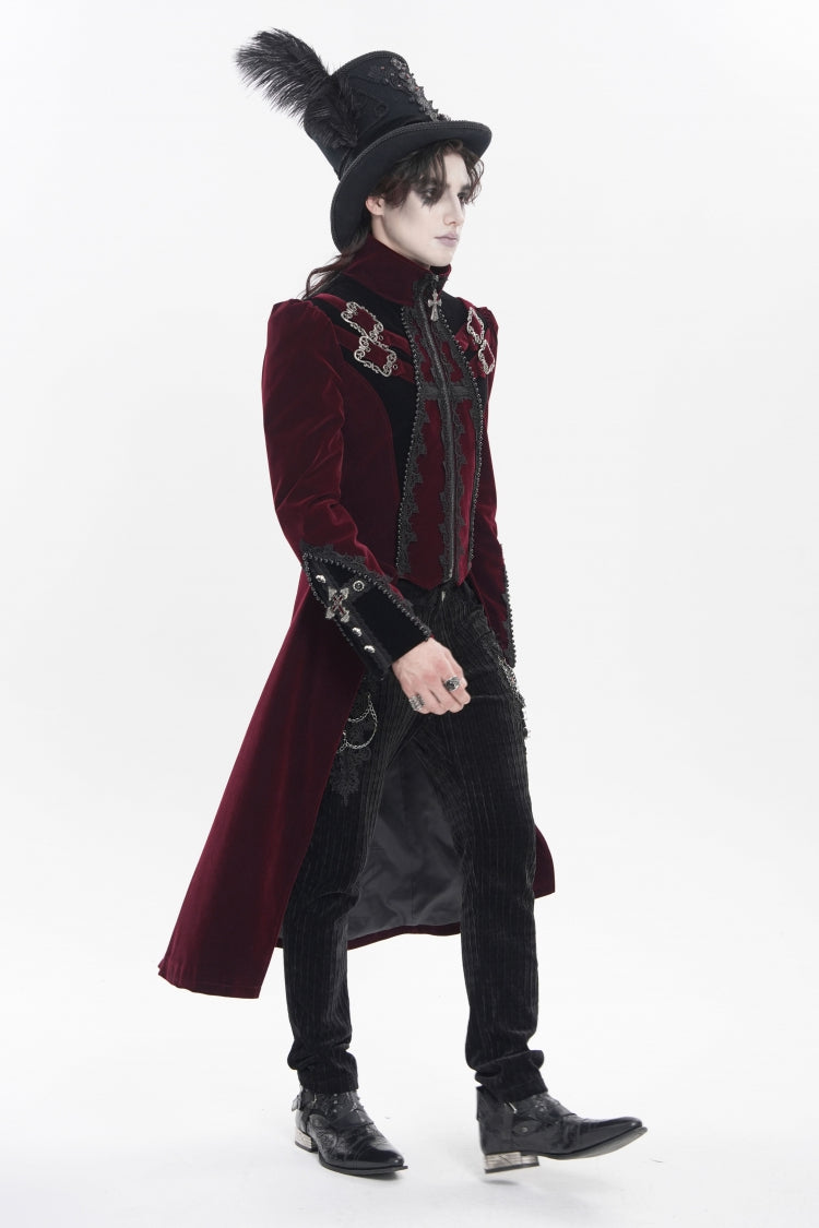 Crimson High-Neck Gothic Palace Jacket with Color Block and Embroidery
