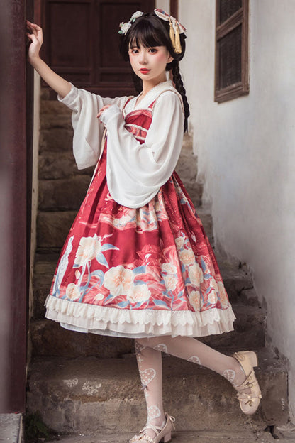 Chinese-Style High-Waisted JSK Dress with Tiger Print in Wine/White - EasternFusion