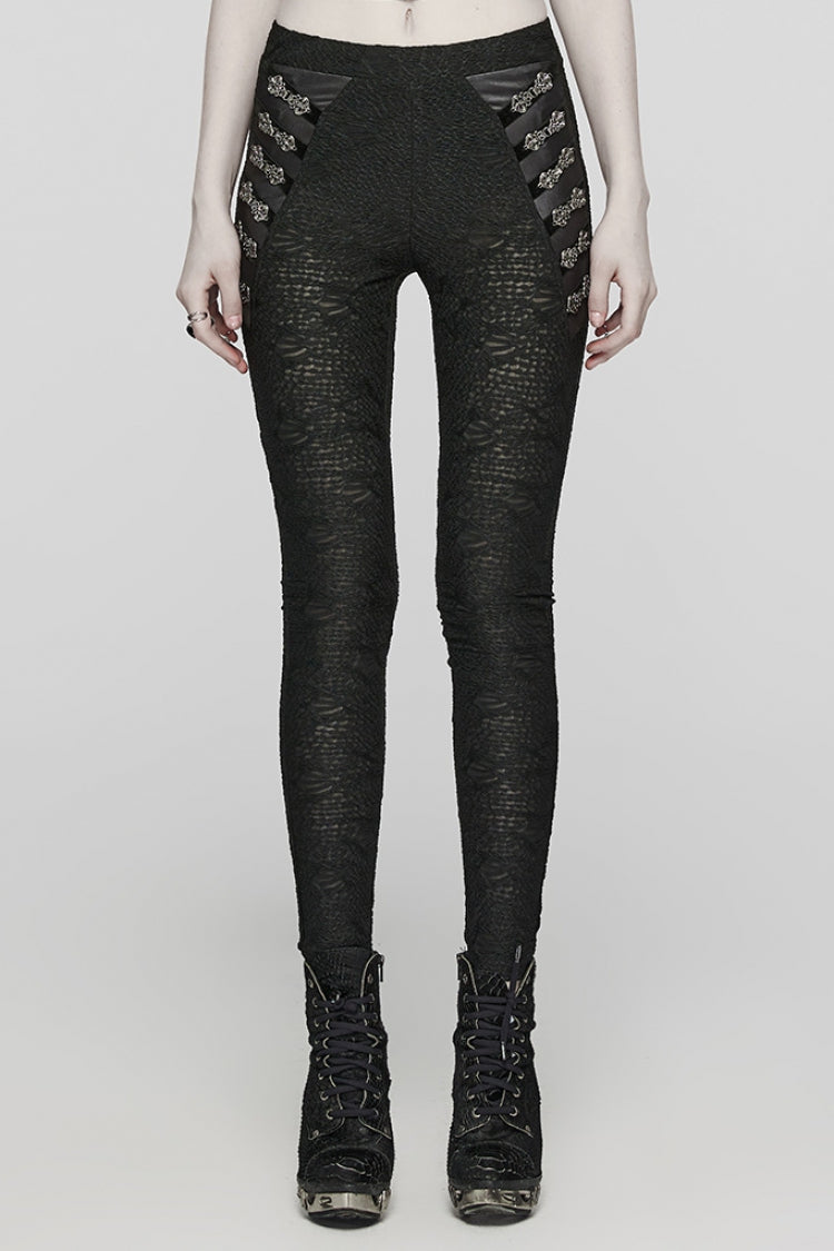 Mesh Button Decor Slim Gothic Leggings for Women