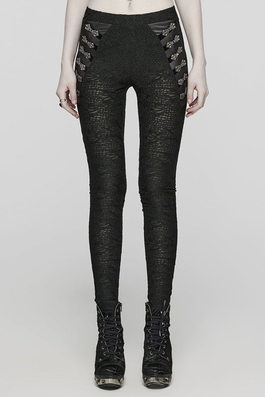 Mesh Button Decor Slim Gothic Leggings for Women