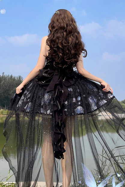 Azure Deep Sea Jellyfish Halter Sleeveless Print Embroidery Bow Lace Elegant Lolita Jumper Dress