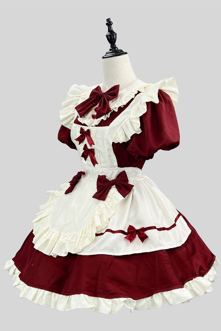 Plus-Size Sweet Maid Dress with Ruffle Bowknot and Lace, Short Sleeves, Wine/White - MaidCouture