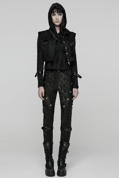 Women's Black Punk Short Vest, Ripped with Buckle Details