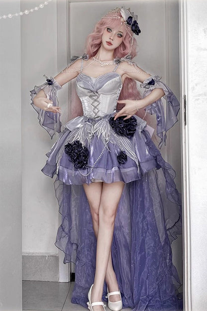 Embroidery Bowknot Lace-Up Sweet Ballet Lolita JSK Dress in Misty Purple Swan Wonderland - Short