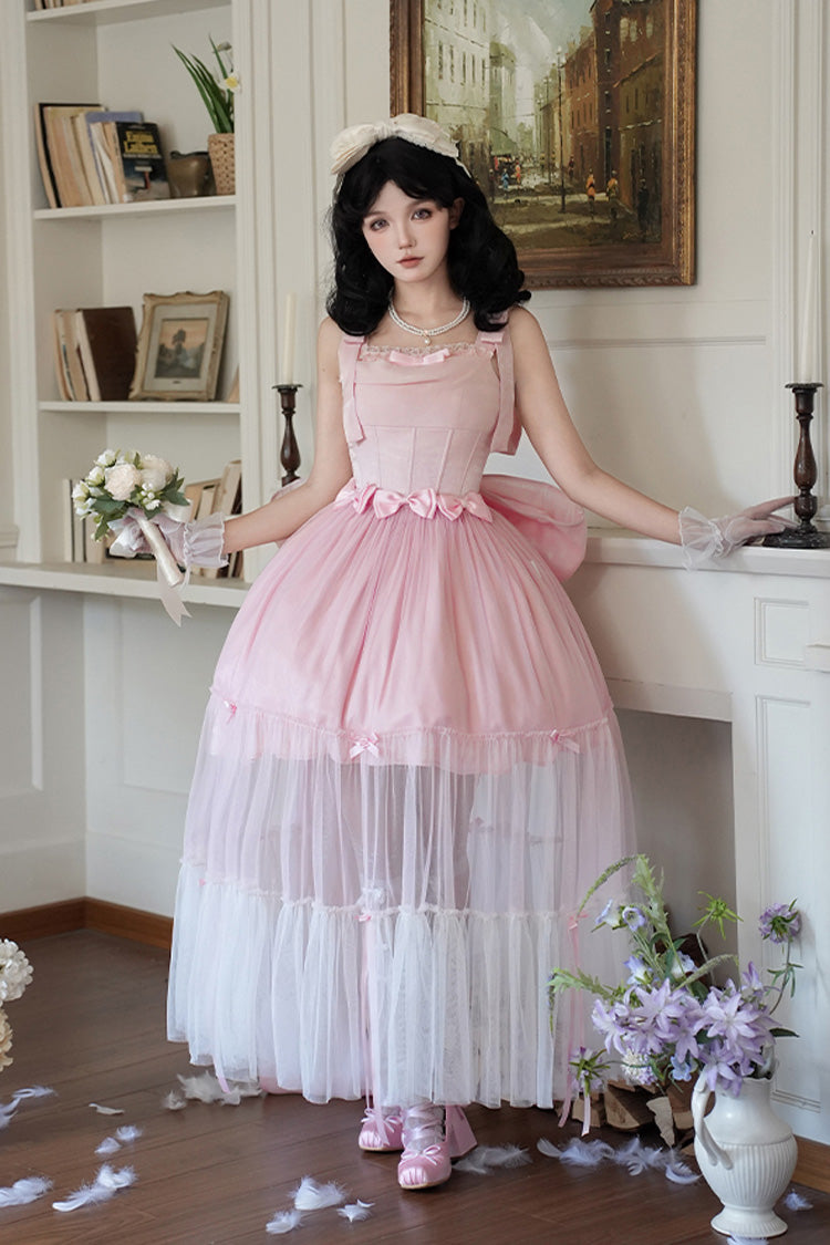 Blush Sleeveless Ruffle Bow Fishbone Sweet JSK - Foamy Sea