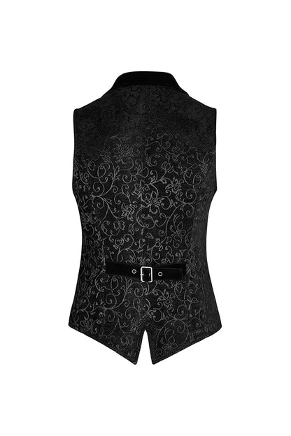 Vintage Gothic Men's Vest with V-Collar Print in Black Jacquard Velvet