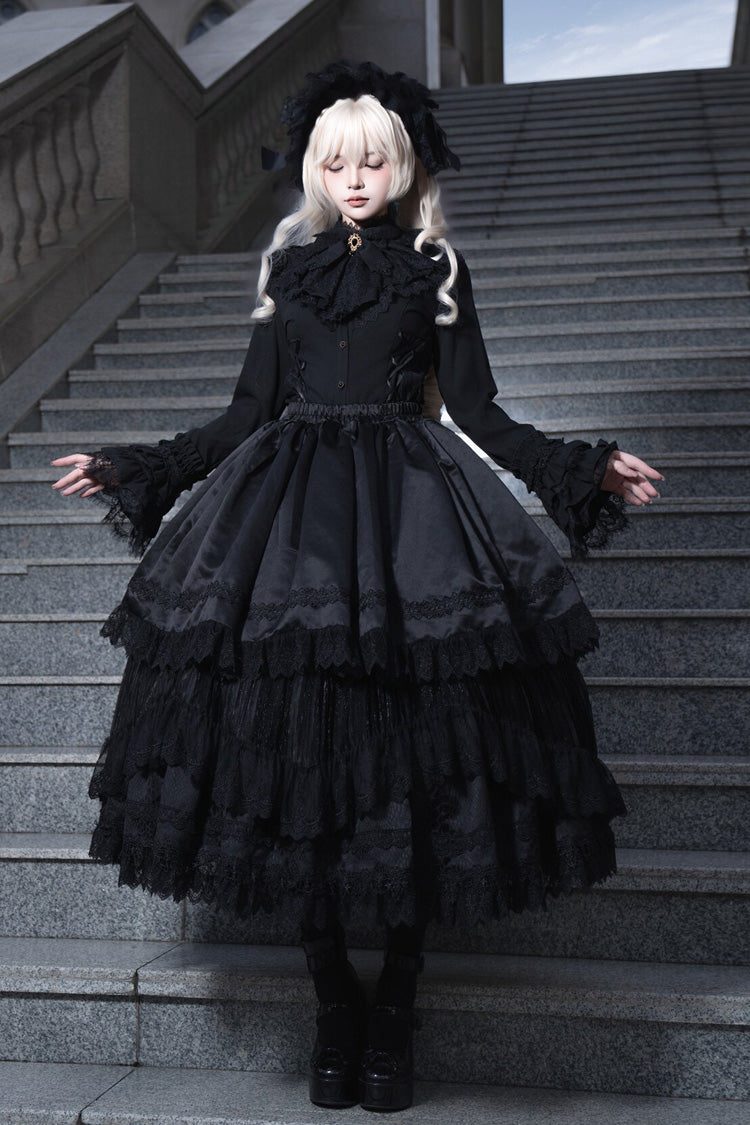 Ebony Layered Lace-Trimmed Open Front Gothic Petticoat Skirt - Immortality Taboo