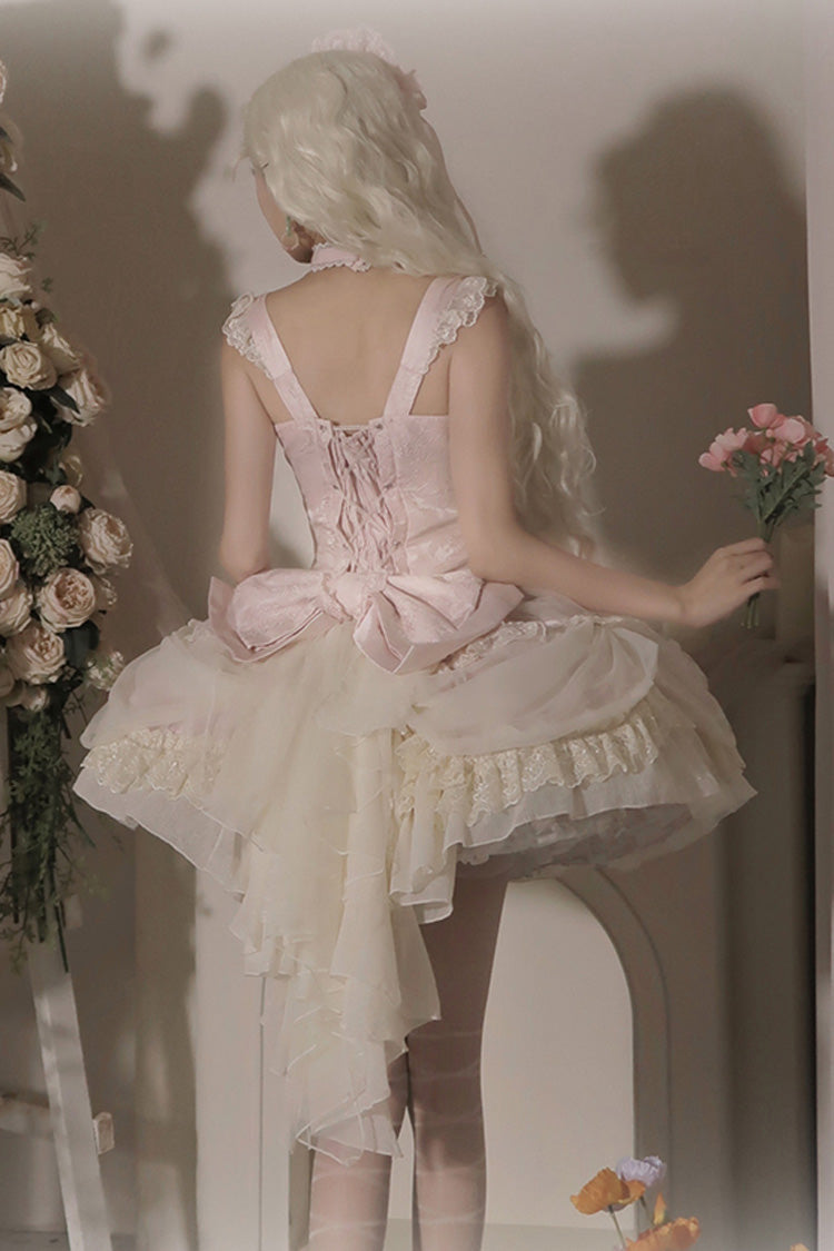 Blush Ruffled Embroidered Bow Lace Fishbone Princess JSK
