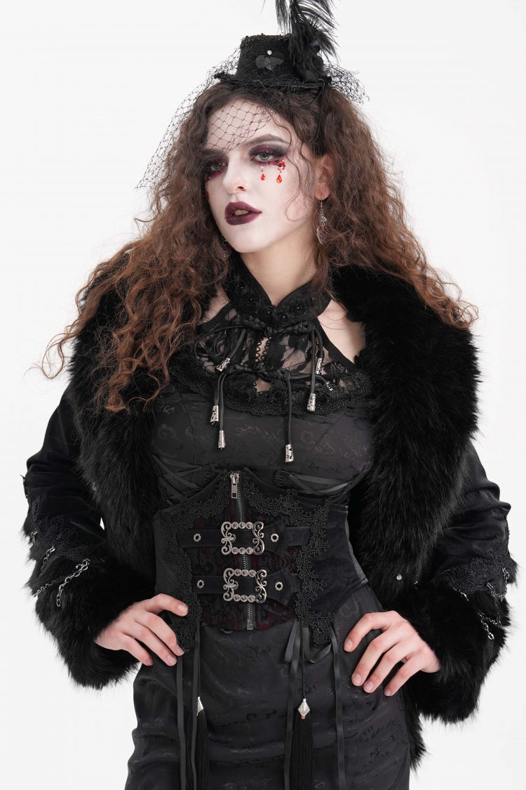 Women's Gothic Jacket with Faux Fur Trim, Chain and Buckle-Up Design