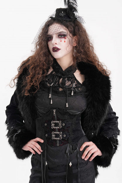 Women's Gothic Jacket with Faux Fur Trim, Chain and Buckle-Up Design