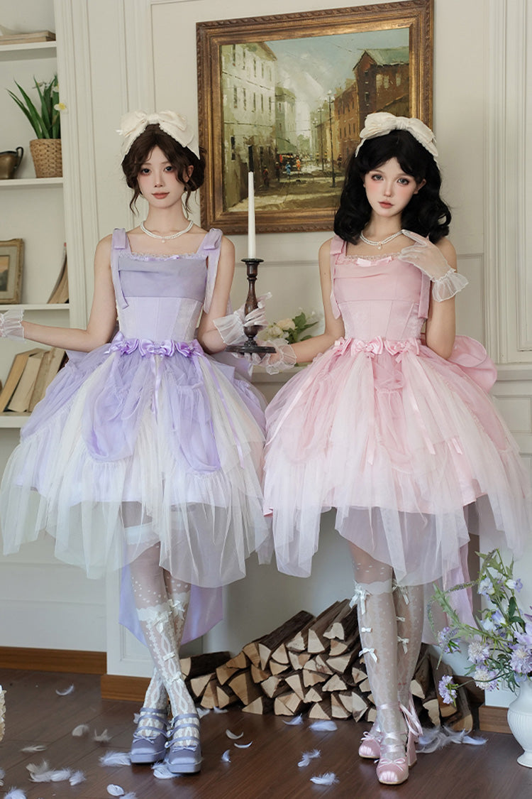 Blush Sleeveless Ruffle Bow Fishbone Sweet JSK - Foamy Sea