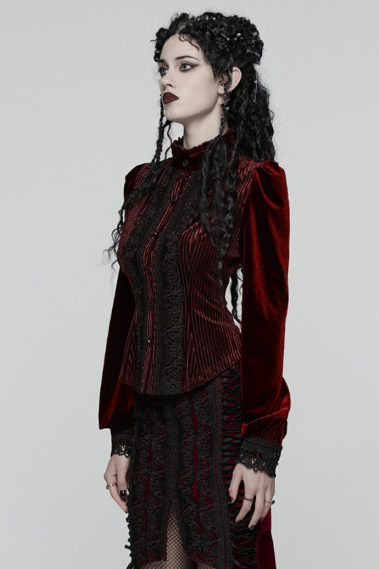 Crimson High-Neck Gothic Floral Lace-Up Blouse with Puffed Sleeves
