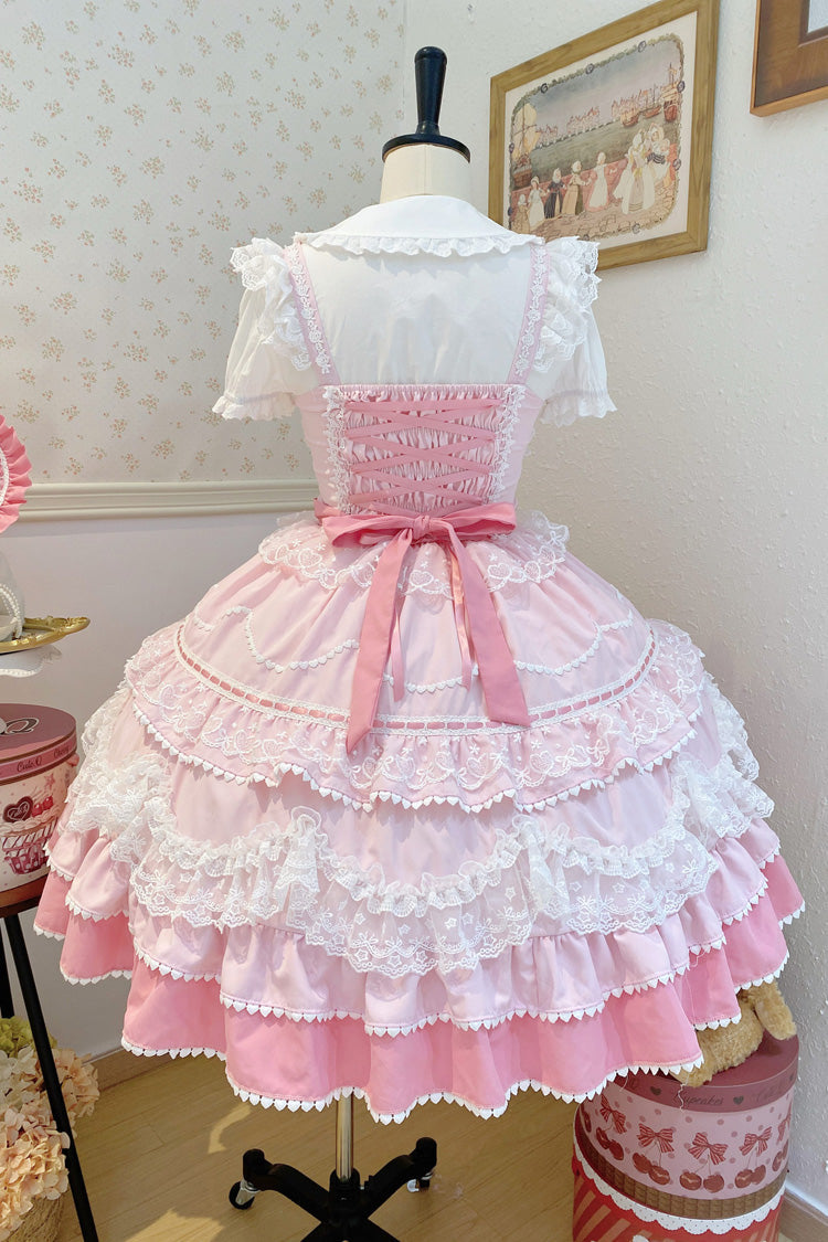 Blush Sleeveless Multi-Layered Ruffle Bow Lace Sweet JSK - Fondant Cake