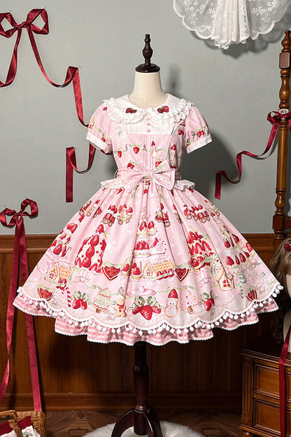 Doll Collar Short Sleeve Print Ruffle Bowknot Sweet Lolita Dress with Strawberry Dessert - 4 Colors