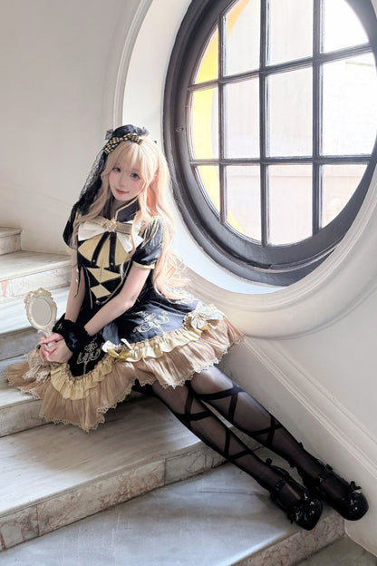 Ebony Short-Sleeve Double-Layered Embroidered Bow Gothic Dress - Gilded Oath