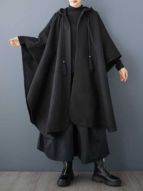 Stylish Black Hooded Drawstring Tasseled Pockets Zip-up Batwing Sleeve Trench Coat TW007