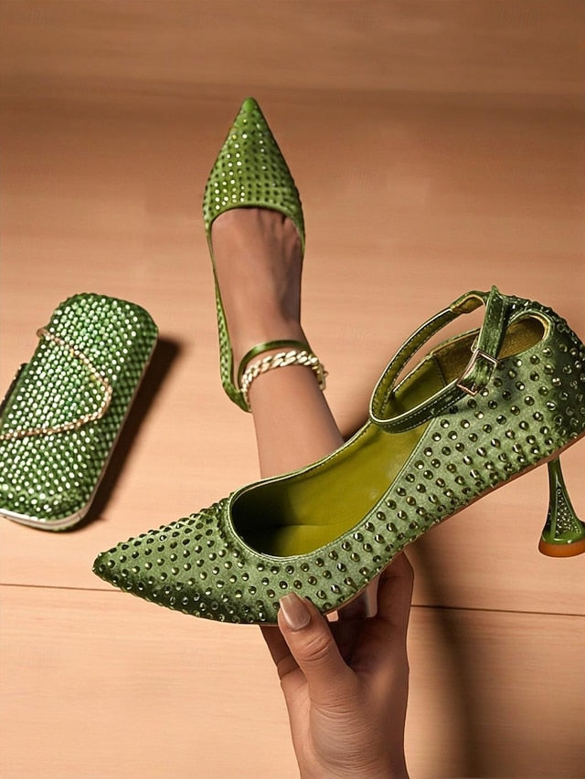 and Green Matching Bag Heels Clutch Set Women's Rhinestone