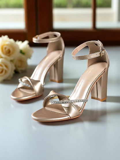 Strap - PU Sandals Ankle Gold Block Heel Women's Open-Toe