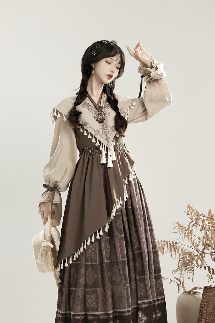 Mysterious Tribe Lantern Sleeve Chinese Style Lolita Dress - Asymmetric Ruffle