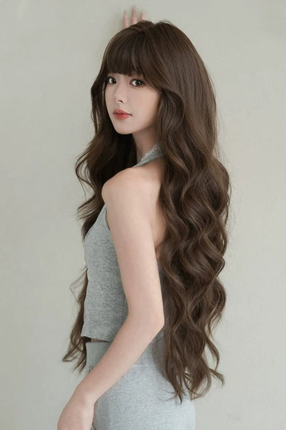 Fluffy Extra Long Loose Wave Sweet Lolita Wig with Full Bangs in Morandi Tea Brown