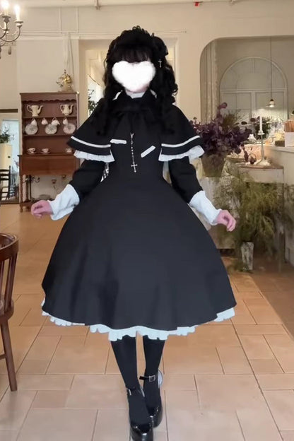 Maid Lolita Two-Piece Set with Cloak - Ruffled Bow Design