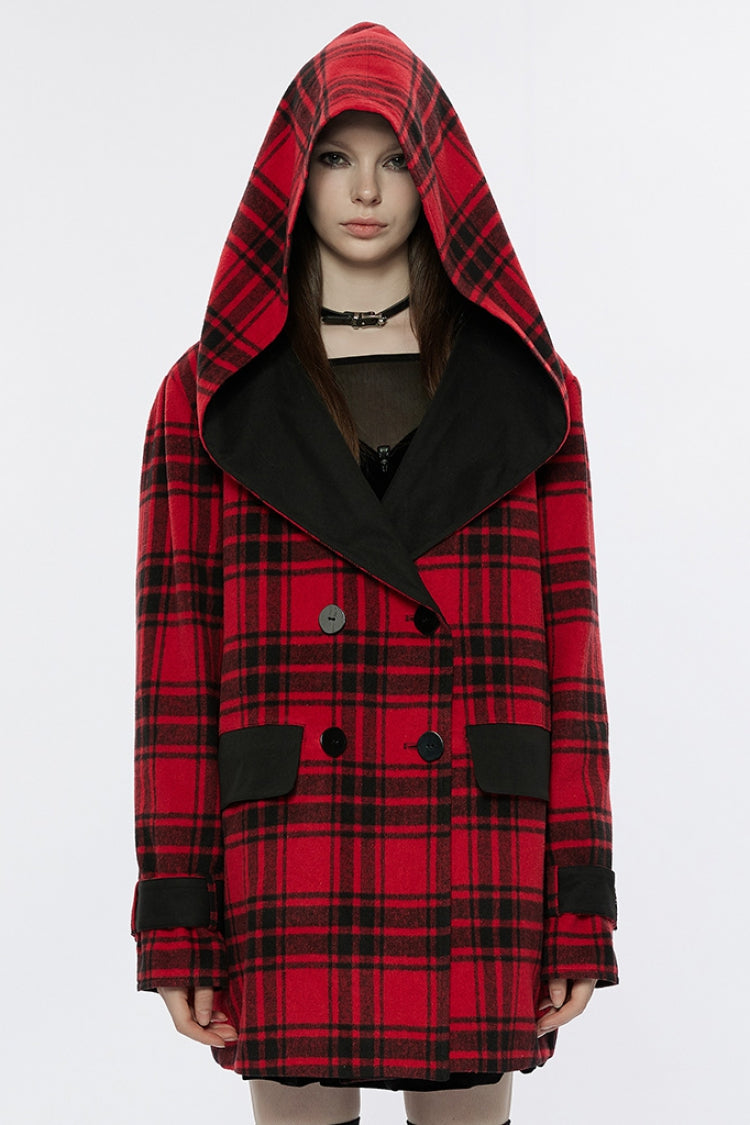 Crimson & Charcoal Tartan Hooded Punk Campus Jacket