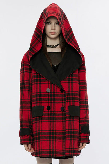 Crimson & Charcoal Tartan Hooded Punk Campus Jacket