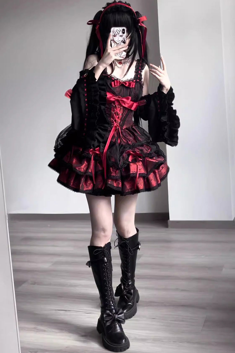 Crimson & Obsidian Sleeveless Multi-Layer Ruffle Bowknot Lace-Up Princess Lolita Jsk Dress