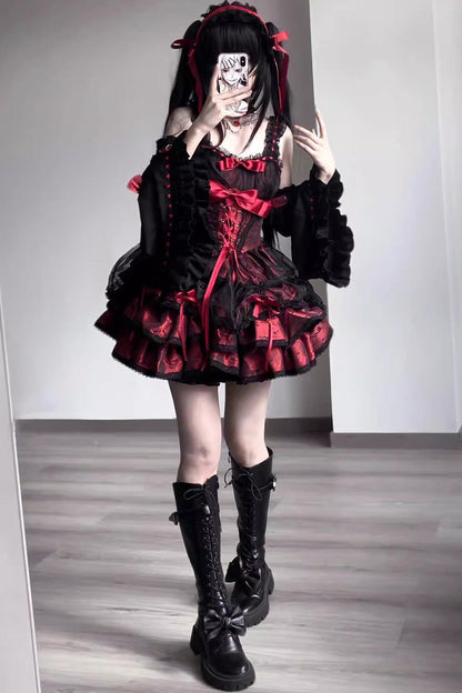 Crimson & Obsidian Sleeveless Multi-Layer Ruffle Bowknot Lace-Up Princess Lolita Jsk Dress