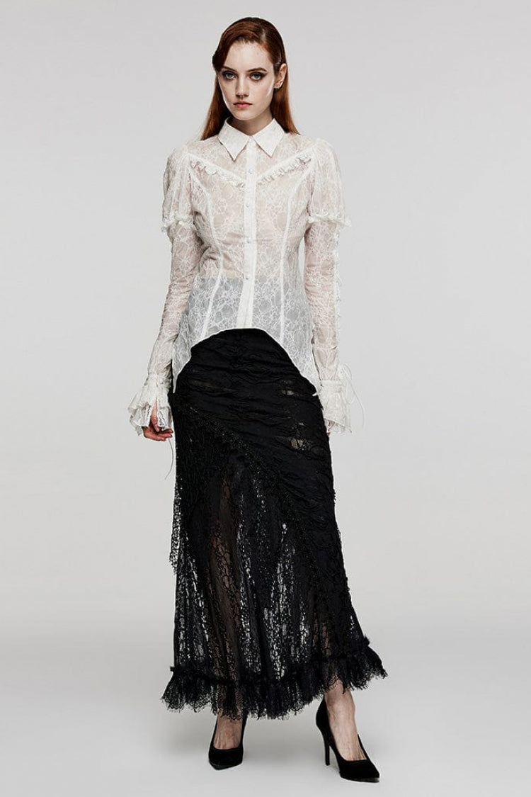 Gothic Lace Blouse with Lapel Collar and Stitched Print, Long Sleeves, Two Variants - DarkRomance