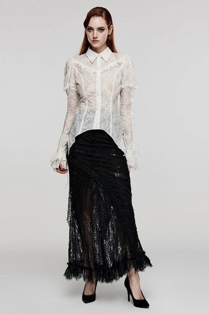 Gothic Lace Blouse with Lapel Collar and Stitched Print, Long Sleeves, Two Variants - DarkRomance