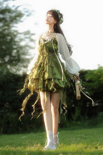 Emerald Leaf Decoration Ruffle Asymmetric Sweet Lolita Jumper Dress Set