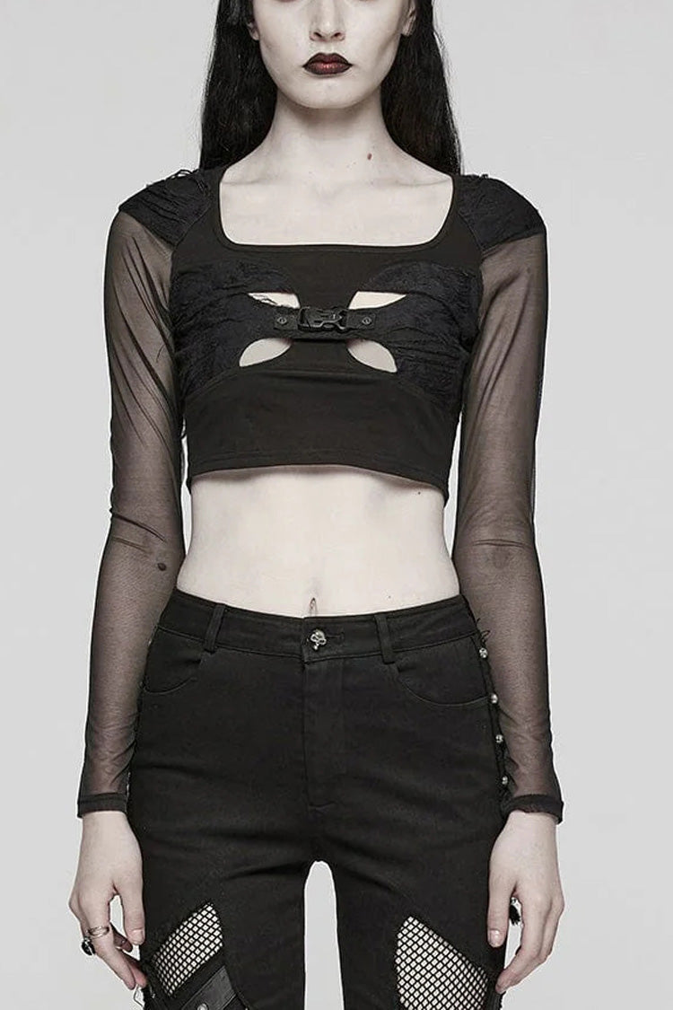 Gothic Hollow-Out Buckle Blouse for Women - Midnight Lace Sleeves