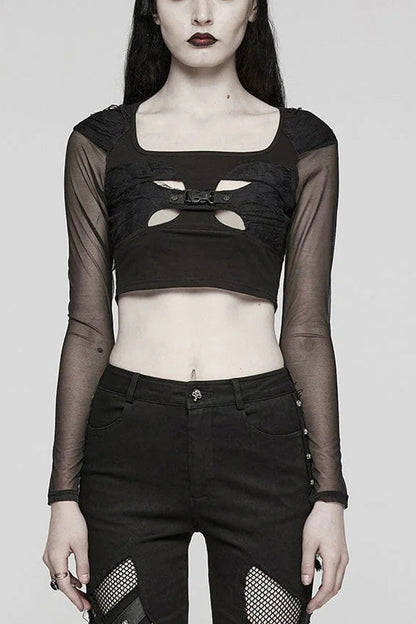 Gothic Hollow-Out Buckle Blouse for Women - Midnight Lace Sleeves